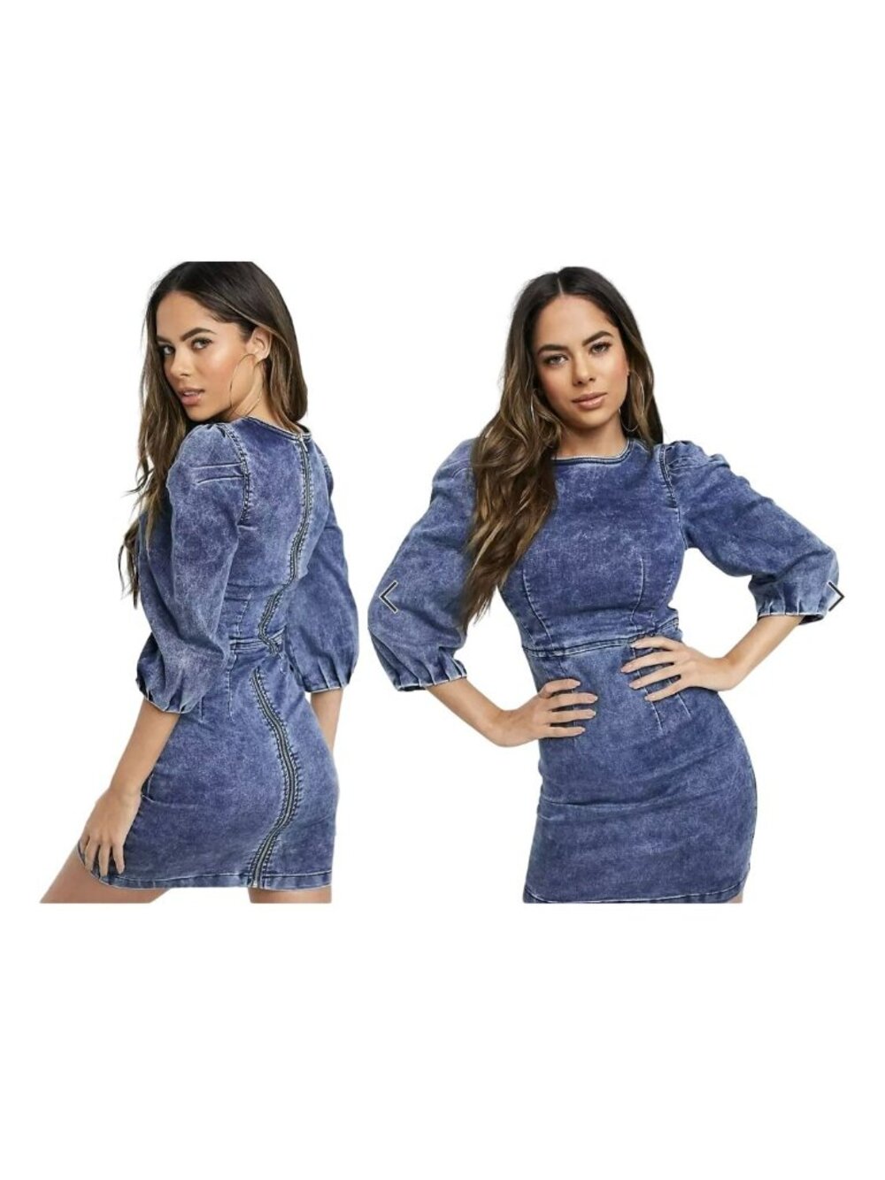 ⭐Parisian denim puff sleeve bodycon mini Women's dress Size S acid wash Blue